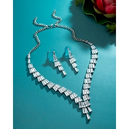 White Brass Plated Silver American Diamond Set - Festive & Traditional