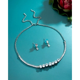 White Brass Plated Silver American Diamond Set - Festive & Traditional
