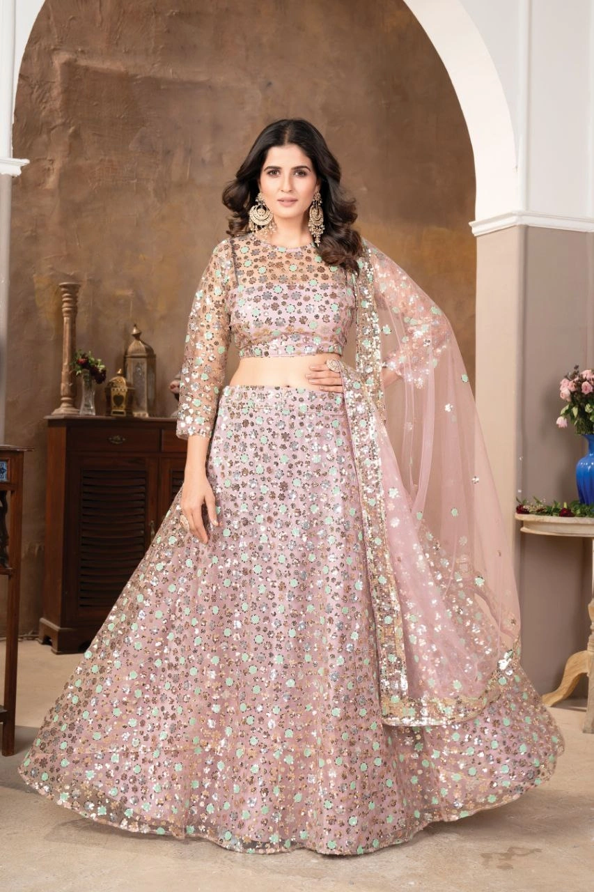 Premium Net Lehenga Set: Sequin Embellished, Flair, XXL Size-RHC-965-Pink