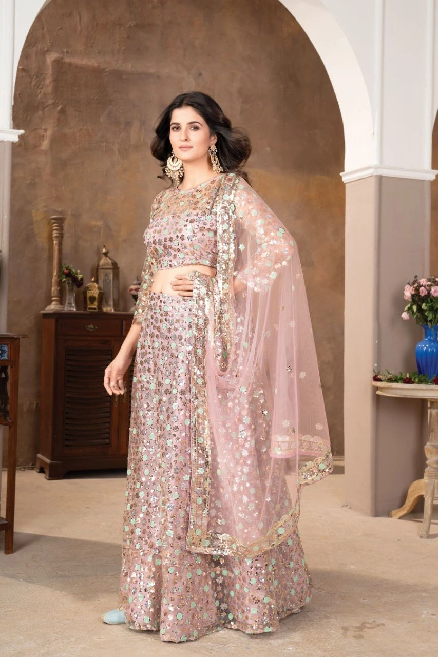 Premium Net Lehenga Set: Sequin Embellished, Flair, XXL Size-Pink-1