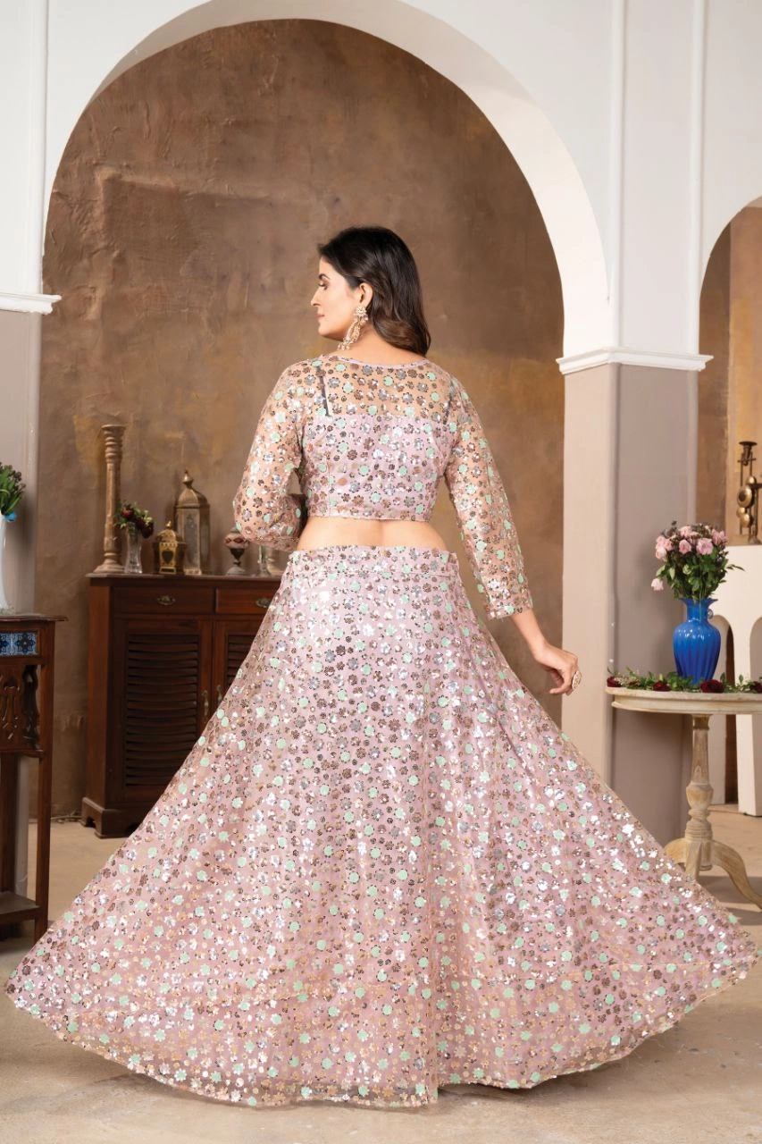 Premium Net Lehenga Set: Sequin Embellished, Flair, XXL Size-Pink-2