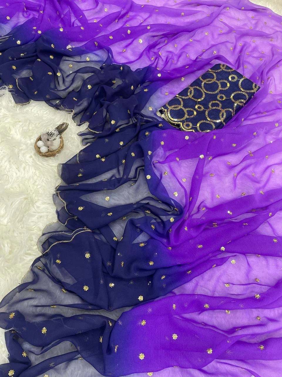 Pure Georgette Saree: Intricate Sequin Butti, Stunning Arco, Contrast Worked Blouse-RIE-ShadedQueen-NavyBlue