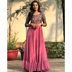 Eye-Catching Embroidered Cotton Georgette Gown with Full Flair