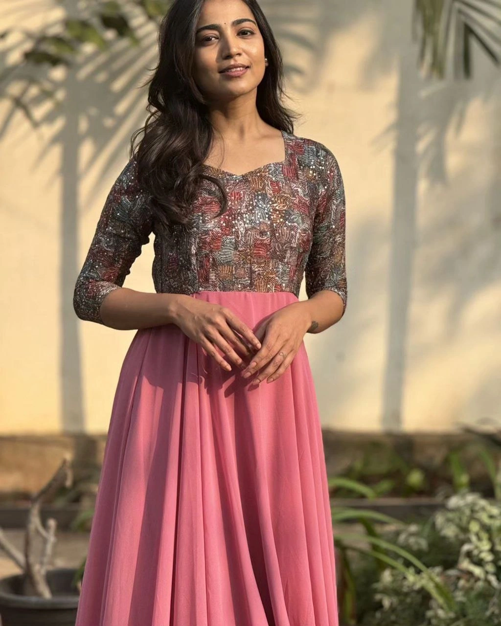 Eye-Catching Embroidered Cotton Georgette Gown with Full Flair-Pink-S-1