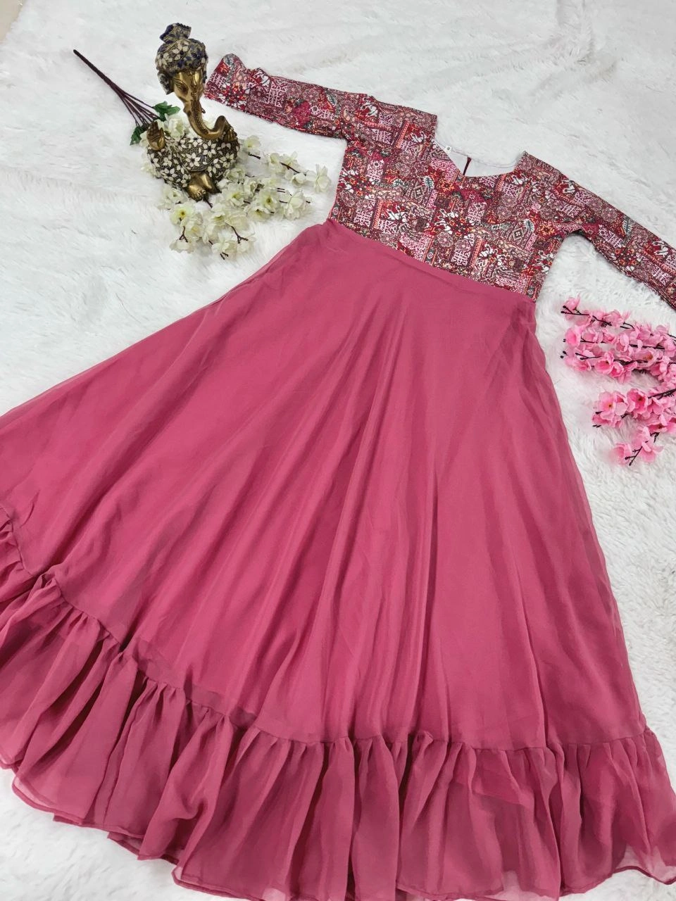 Eye-Catching Embroidered Cotton Georgette Gown with Full Flair-Pink-S-2