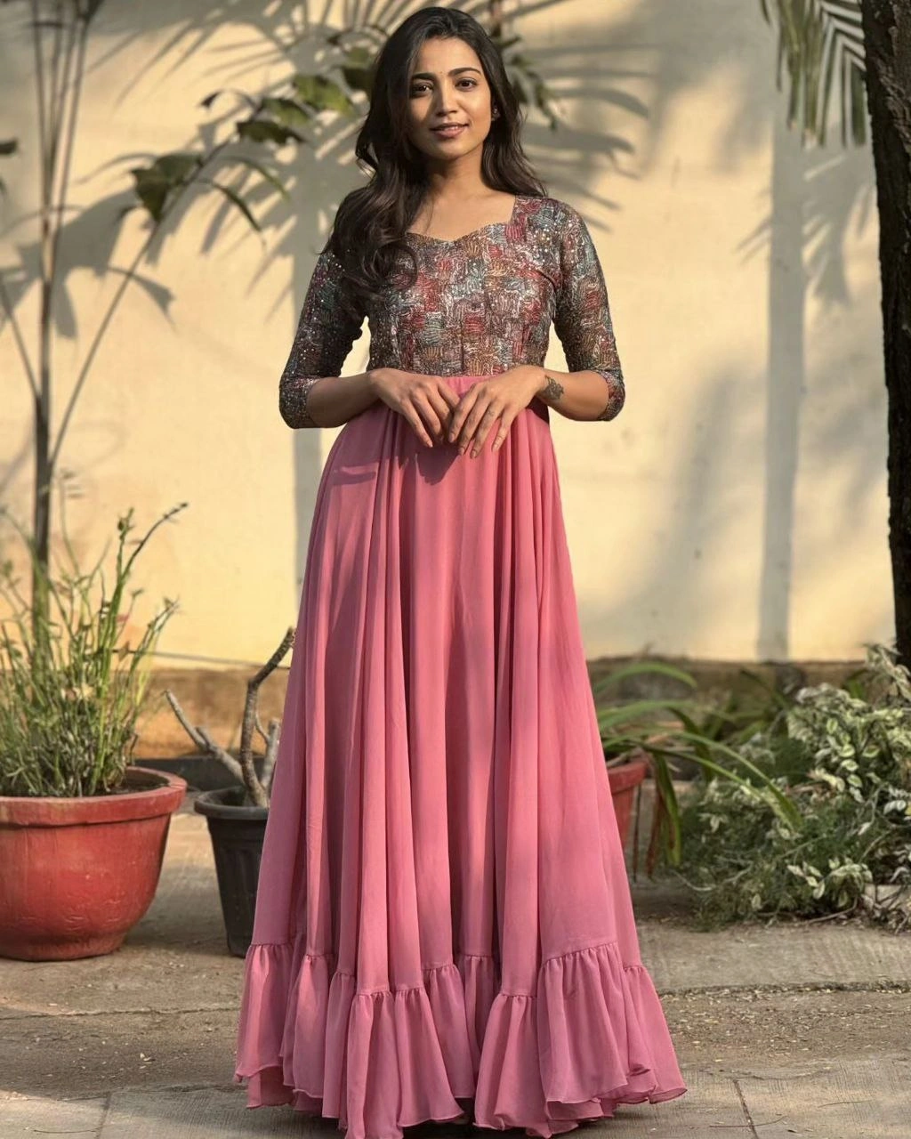 Eye-Catching Embroidered Cotton Georgette Gown with Full Flair-JNC-255-Pink-M