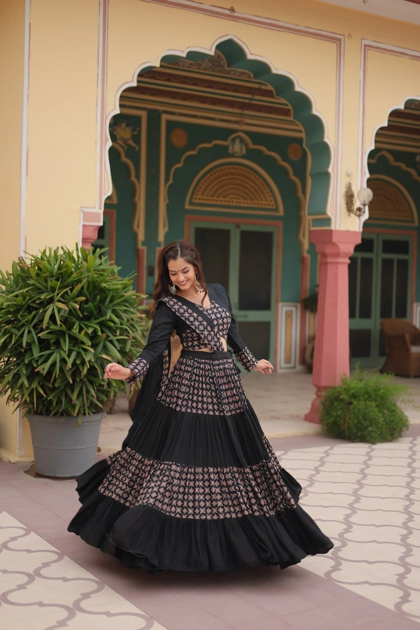 Navratri-ready Printed Rayon Lehenga Choli Set-RLW-7119-Black