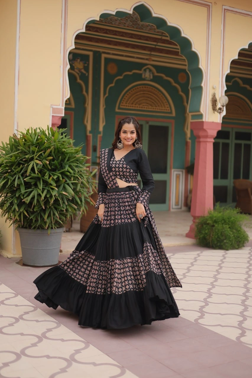 Navratri-ready Printed Rayon Lehenga Choli Set-Black-4