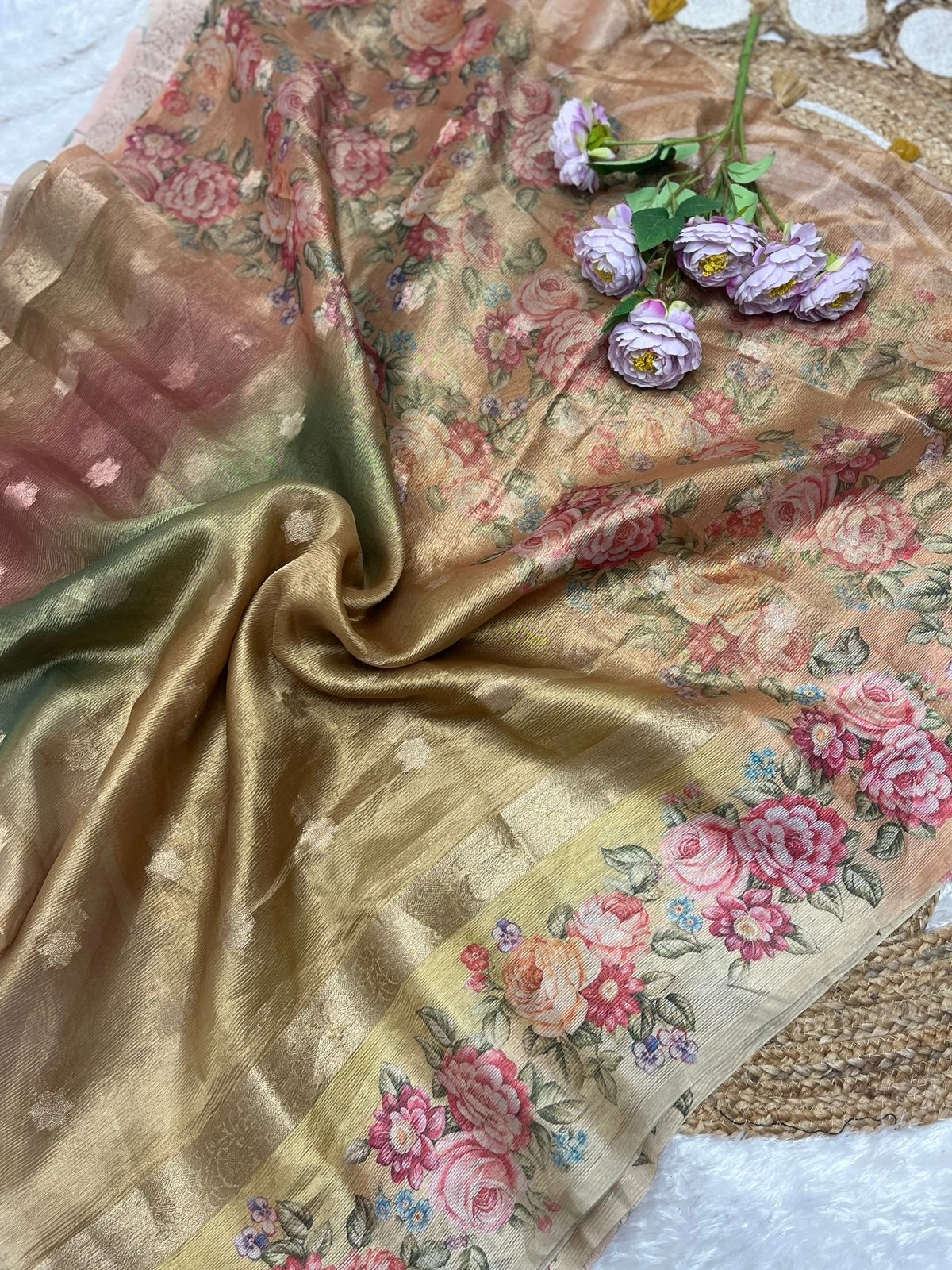 Mesmerising 3D Digital Print Silk Saree with Floral Border and Blouse-Beige-1