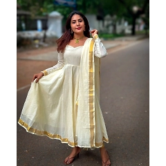 Stunning Cream and Golden Silk Anarkali Dress - Perfect for Onam!