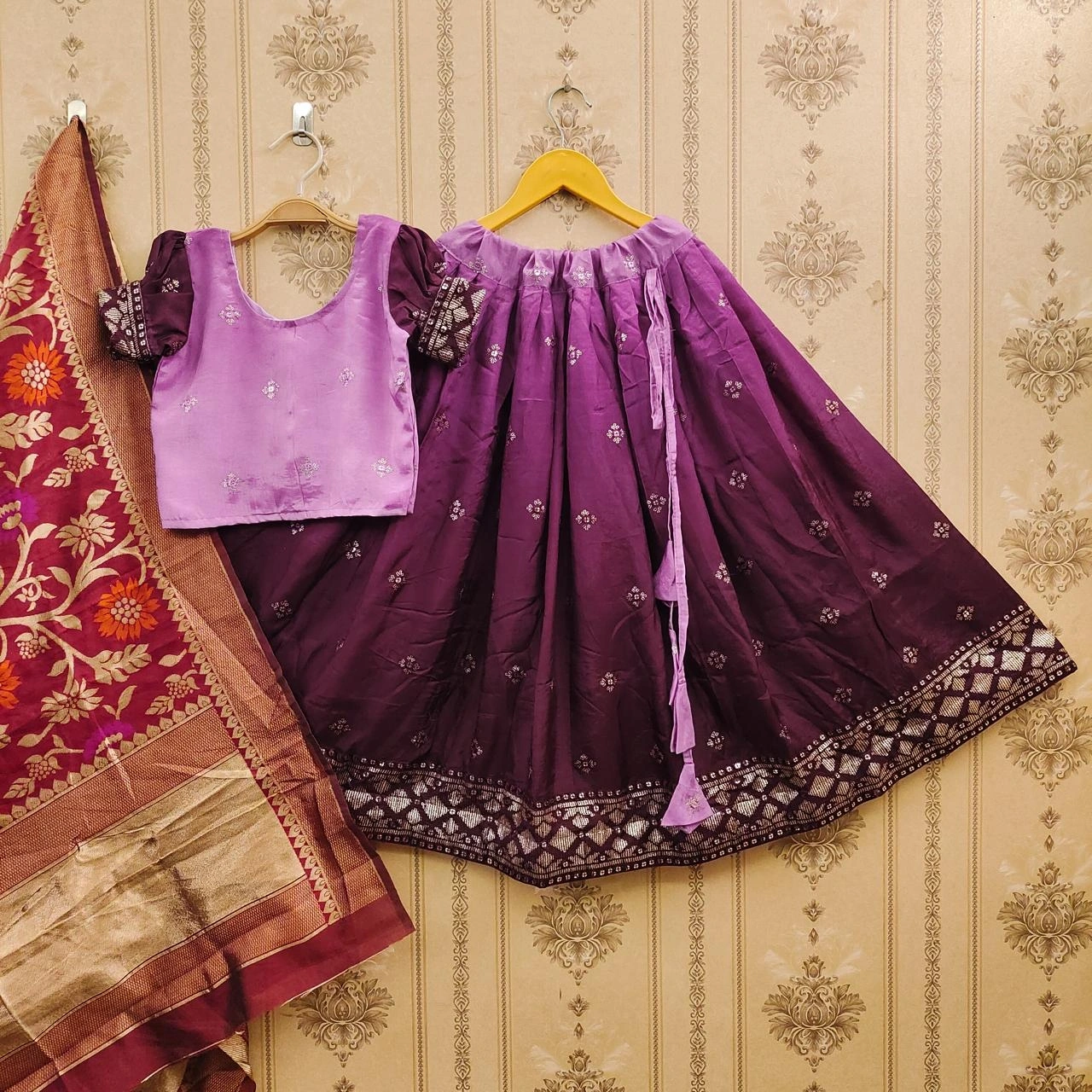 Exquisite Zari Embroidered Silk Lehenga for Stylish Kids-REF-30-Wine-1y