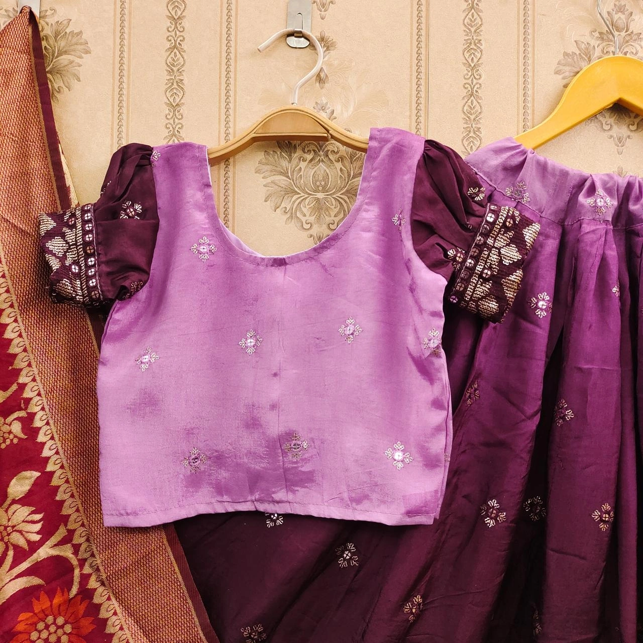 Exquisite Zari Embroidered Silk Lehenga for Stylish Kids-Wine-1