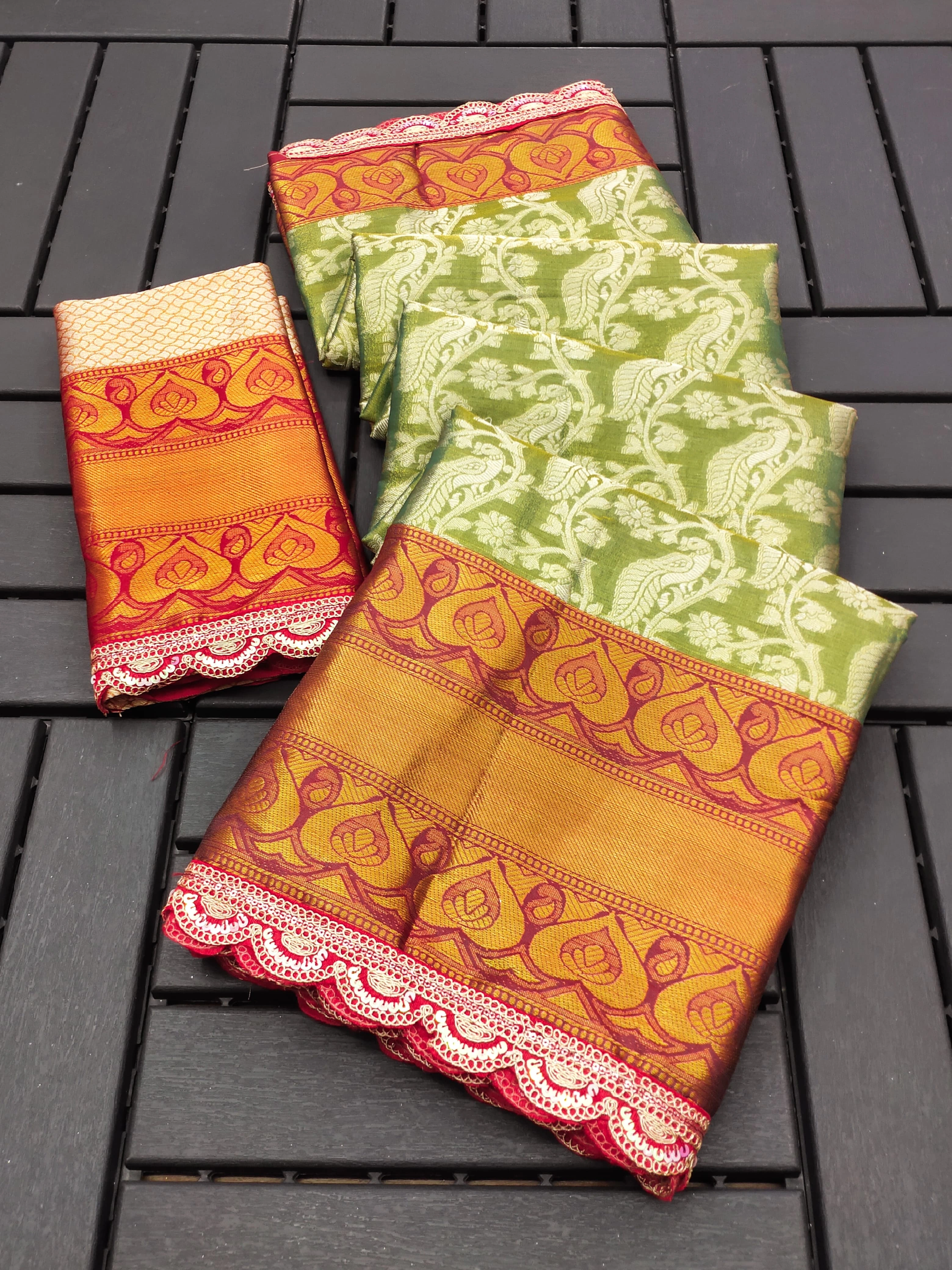 Lace Morni Banarasi Silk Saree with Cut Work Border-RIE-Lace-Morni-Green