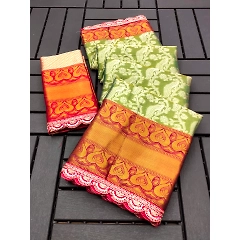 Lace Morni Banarasi Silk Saree with Cut Work Border