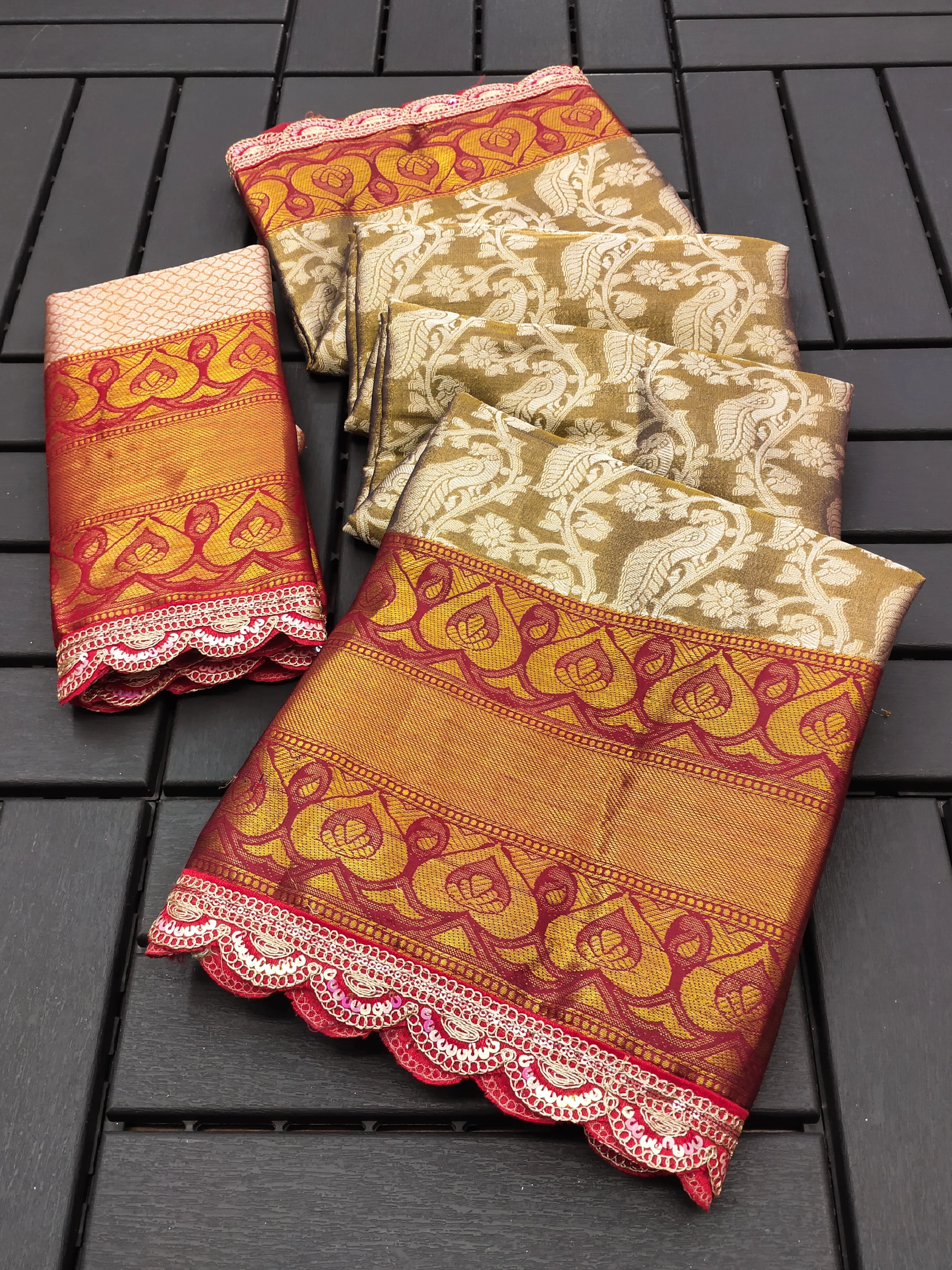 Lace Morni Banarasi Silk Saree with Cut Work Border-Beige-2