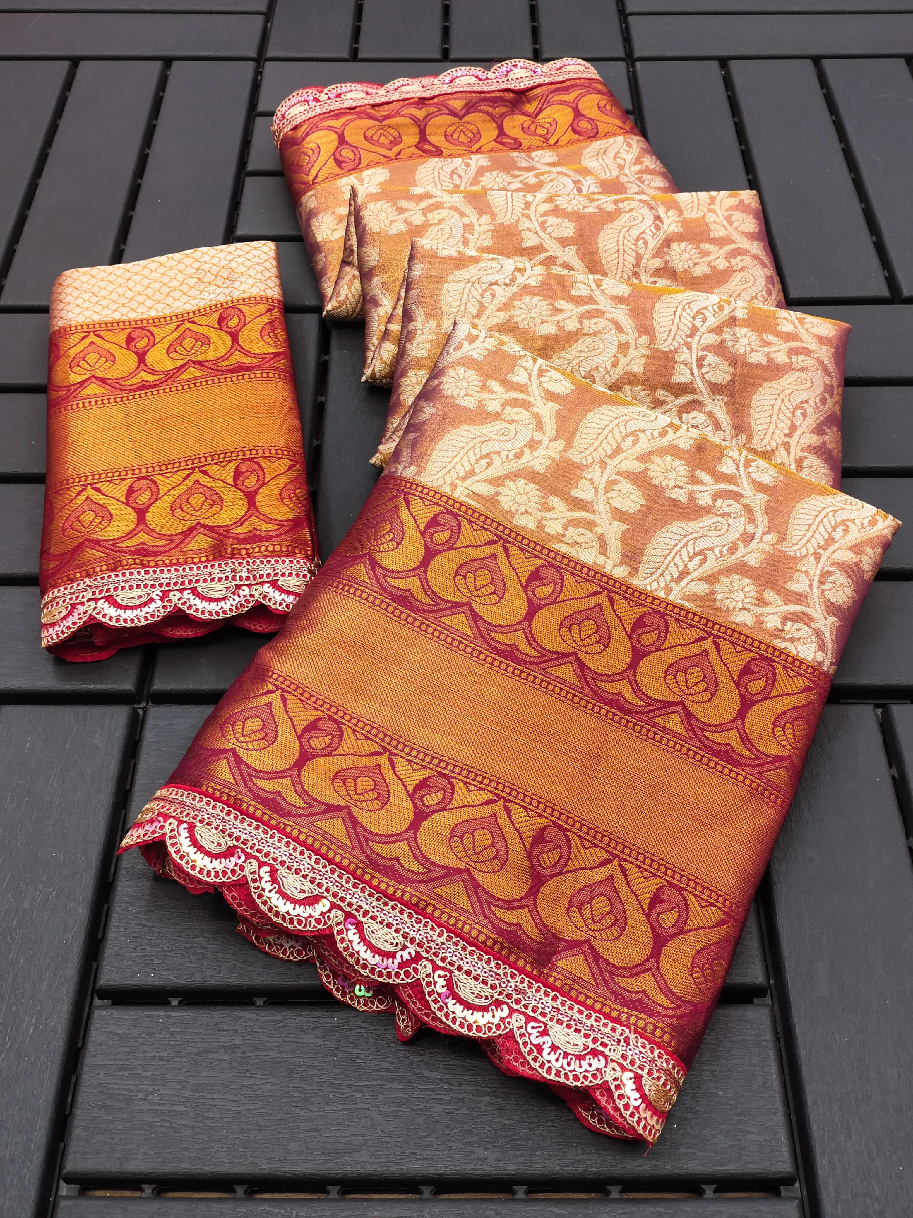 Lace Morni Banarasi Silk Saree with Cut Work Border-RIE-Lace-Morni-Red