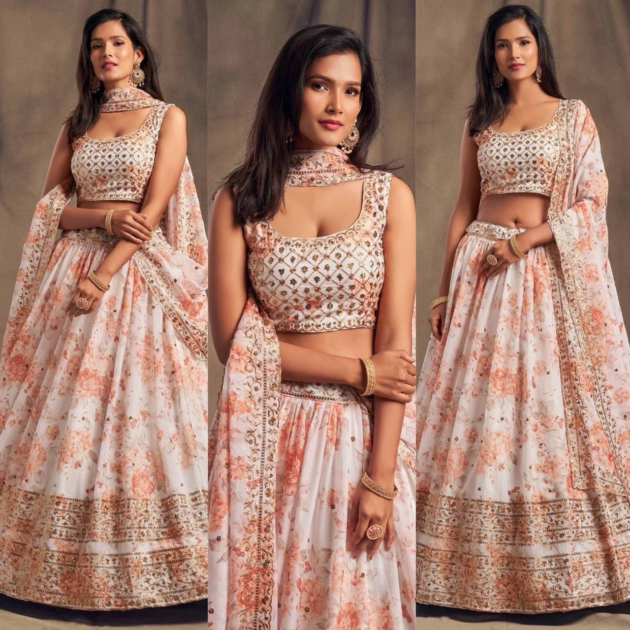 Printed Organza Lehenga Set with Heavy Embroidery-White-1