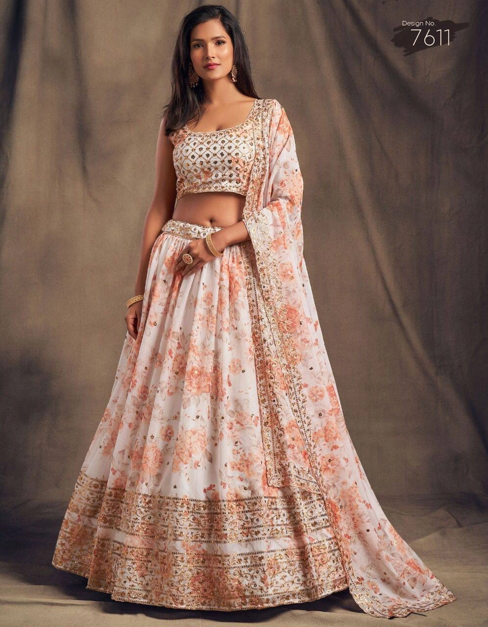 Printed Organza Lehenga Set with Heavy Embroidery-White-2