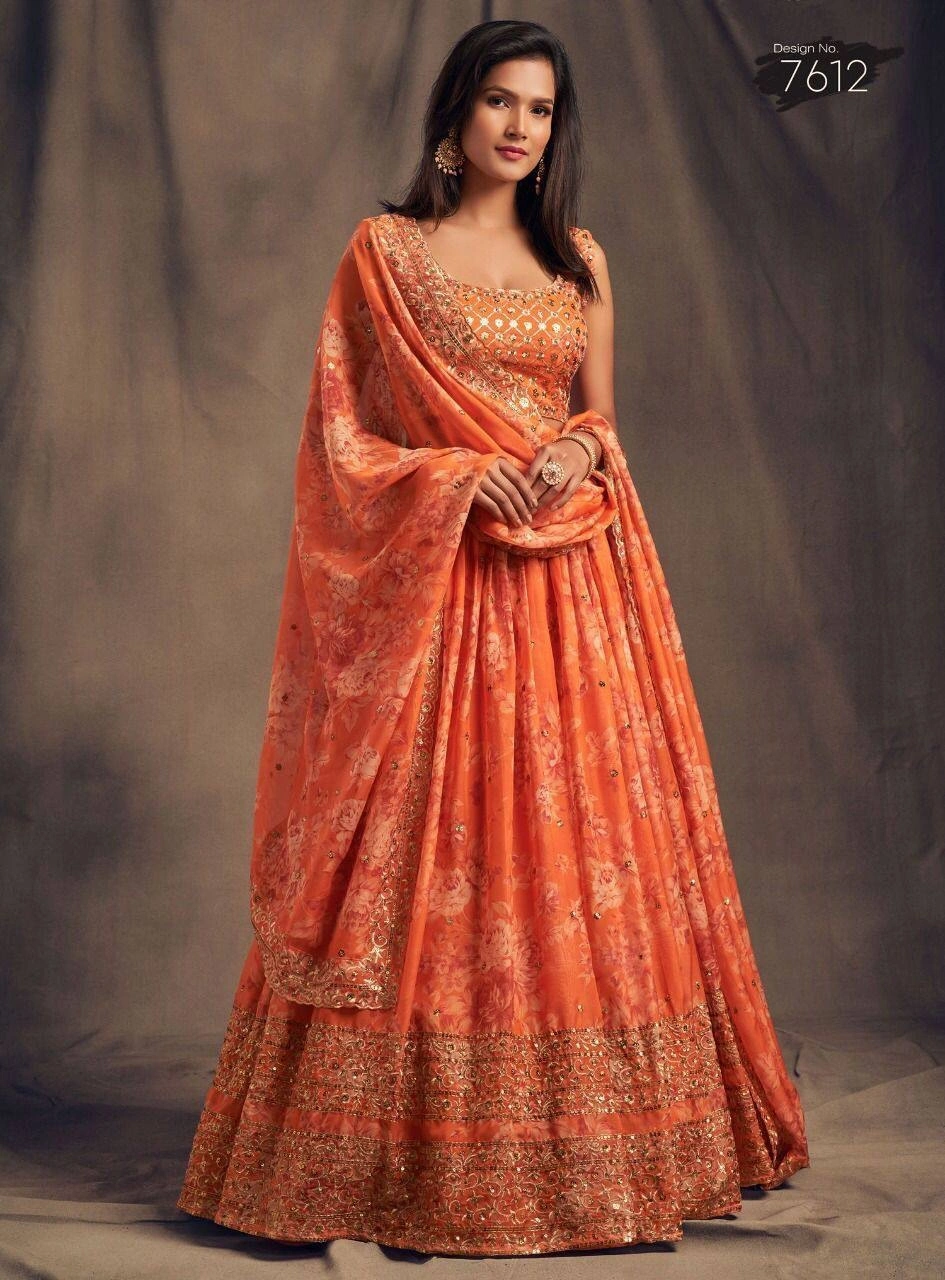 Printed Organza Lehenga Set with Heavy Embroidery-KSB-7619-Orange