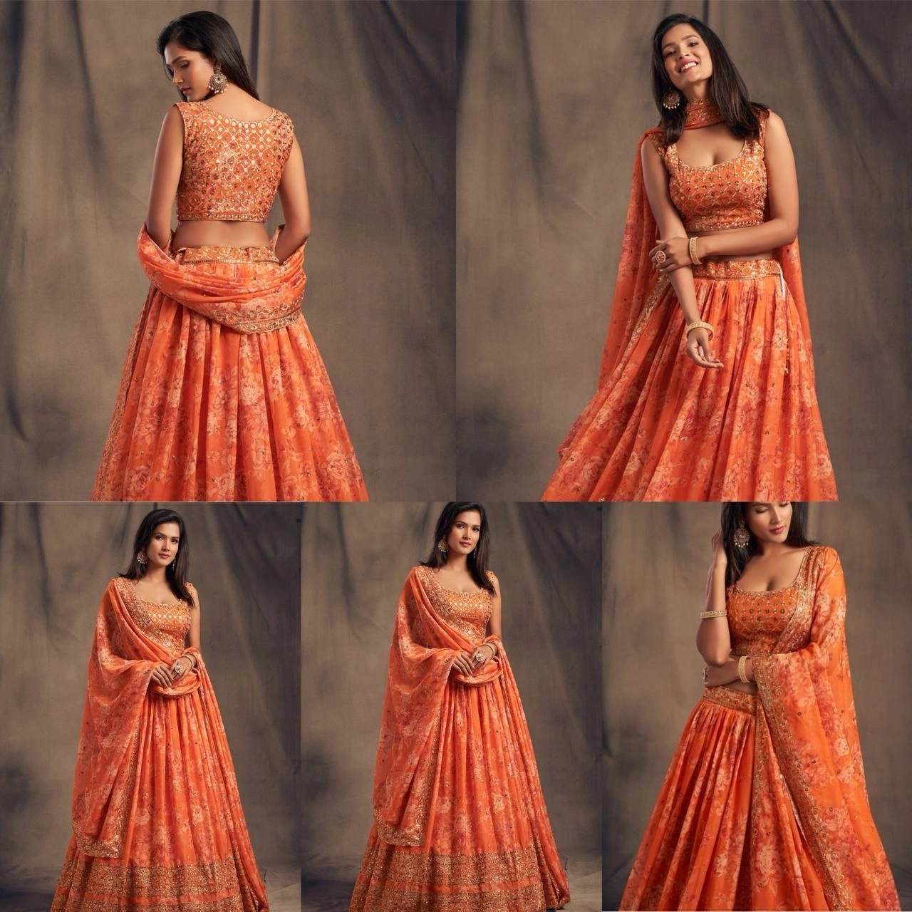 Printed Organza Lehenga Set with Heavy Embroidery-Orange-1