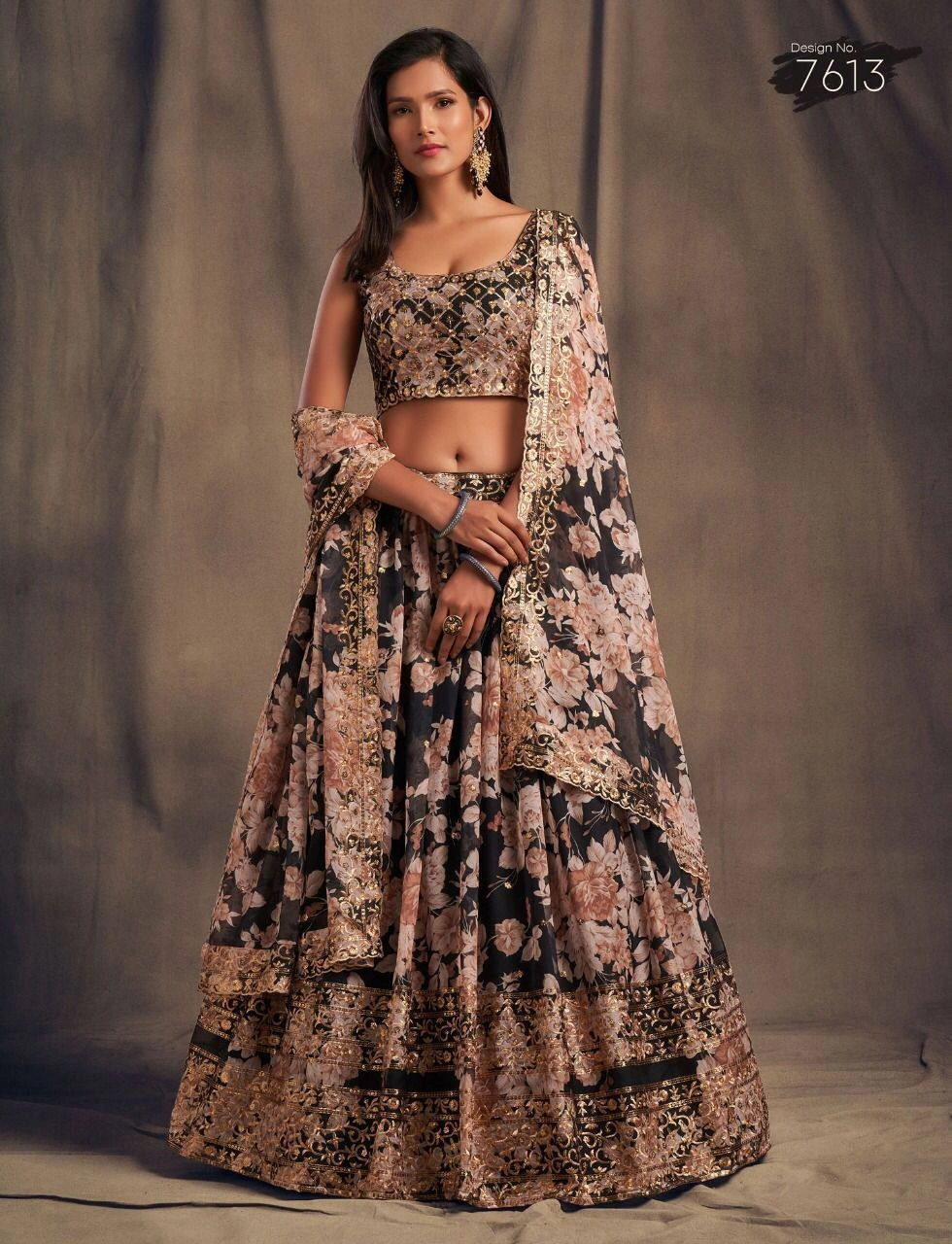 Printed Organza Lehenga Set with Heavy Embroidery-KSB-7619-Black