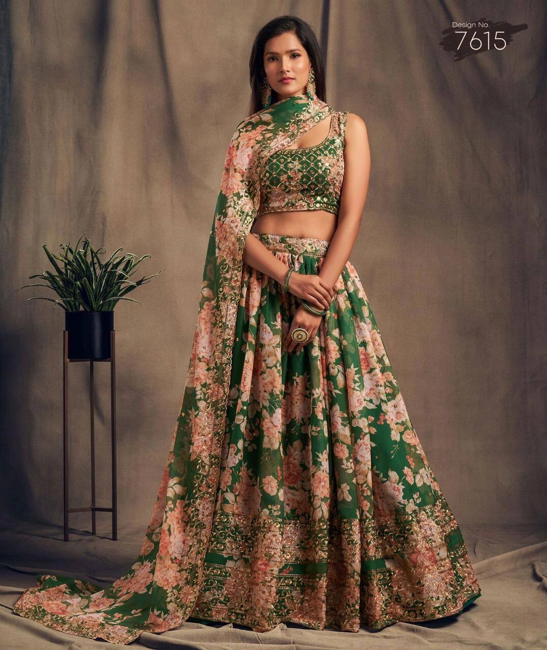 Printed Organza Lehenga Set with Heavy Embroidery-KSB-7619-Green