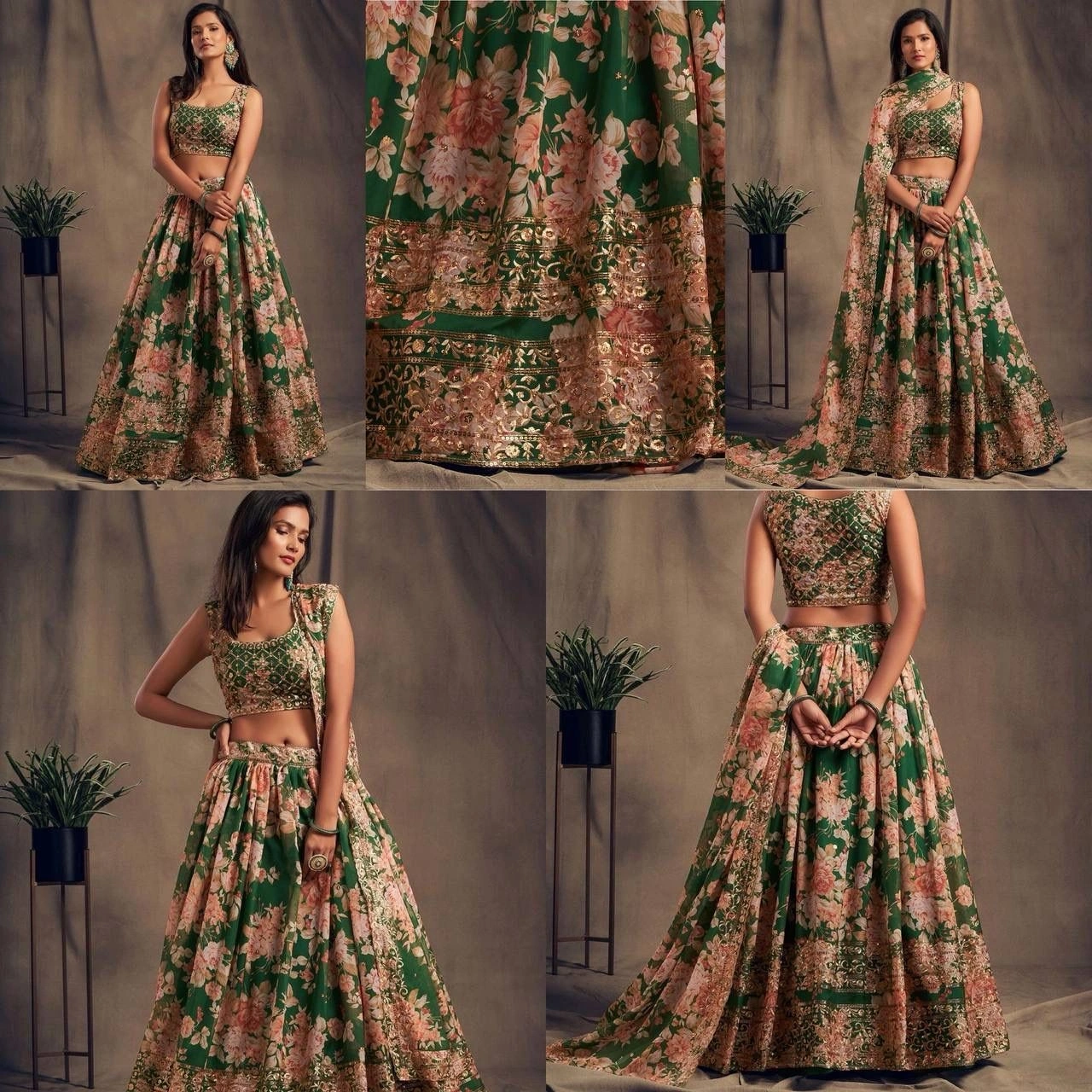 Printed Organza Lehenga Set with Heavy Embroidery-Green-1