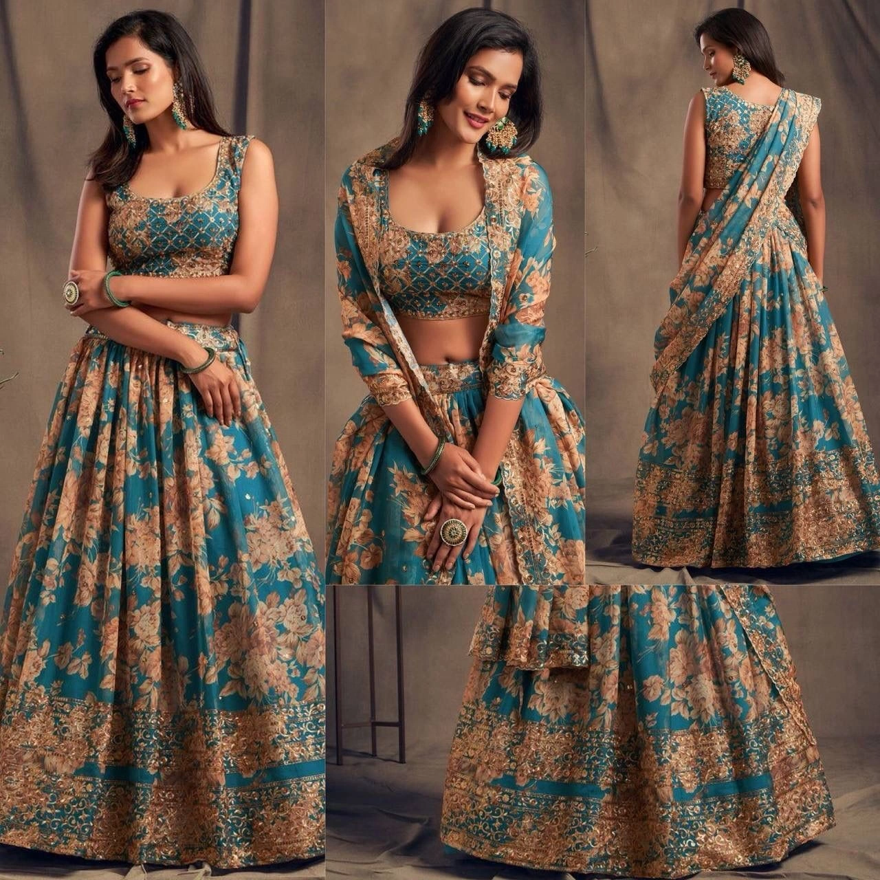 Printed Organza Lehenga Set with Heavy Embroidery-Sky Blue-1