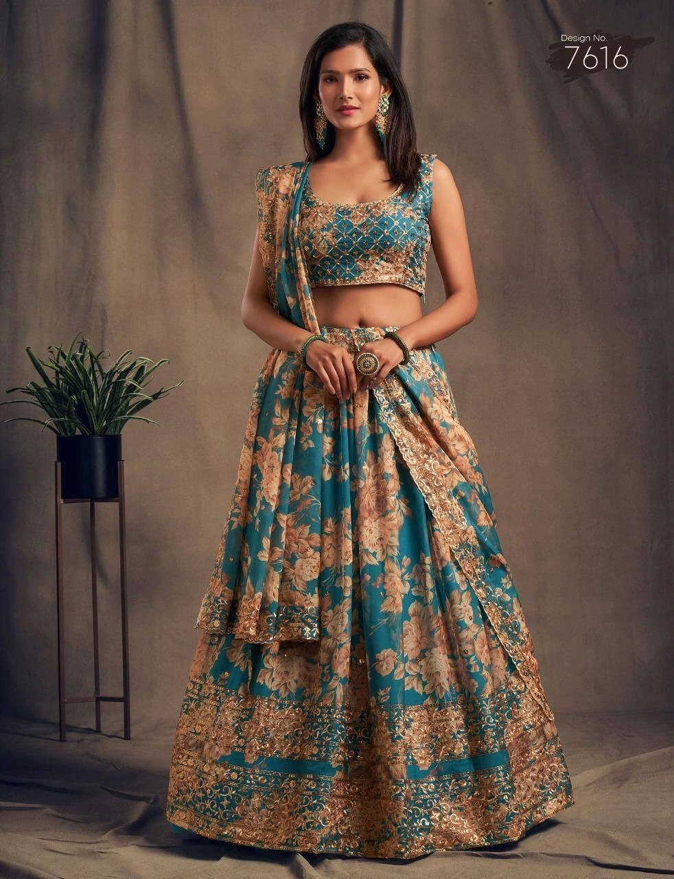 Printed Organza Lehenga Set with Heavy Embroidery-Sky Blue-2