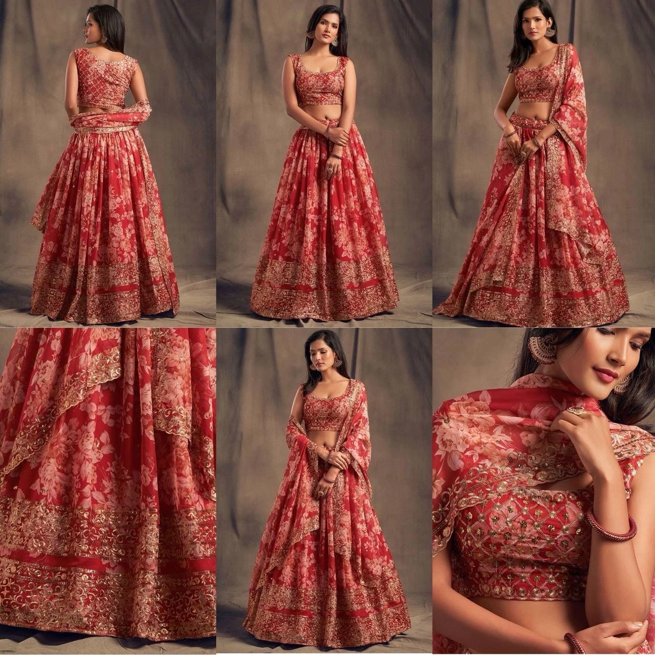 Printed Organza Lehenga Set with Heavy Embroidery-Red-1