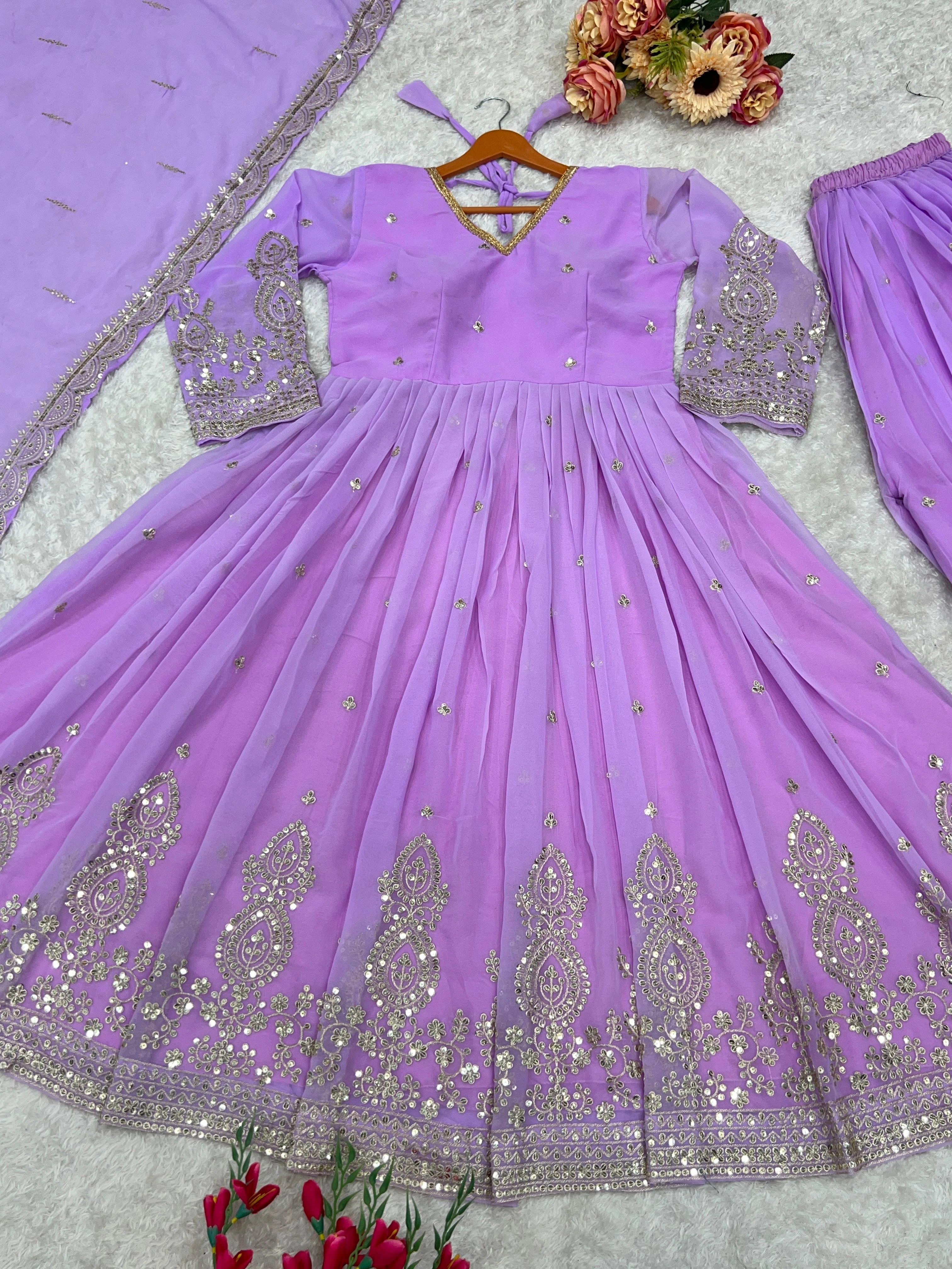 Elegant Embroidered Party Gown with Sarara - Available in Multiple Sizes-Purple-L-3