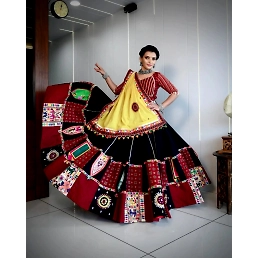 Muslin Cotton Semi-Stitched Lehenga Set with Mirror Work