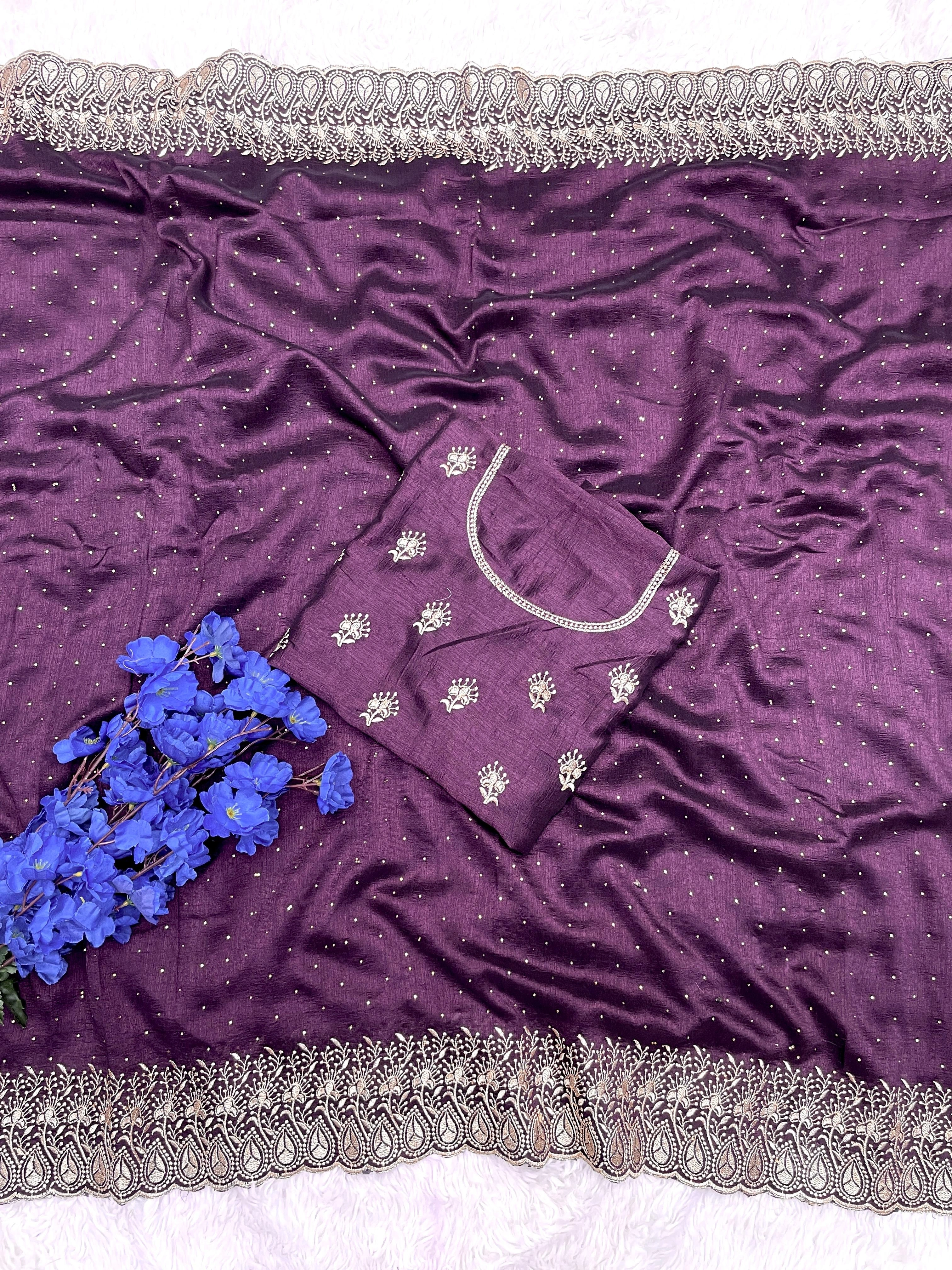 Vichitra Blooming Saree: Embroidery &amp; Zari Work-Dark Wine-1