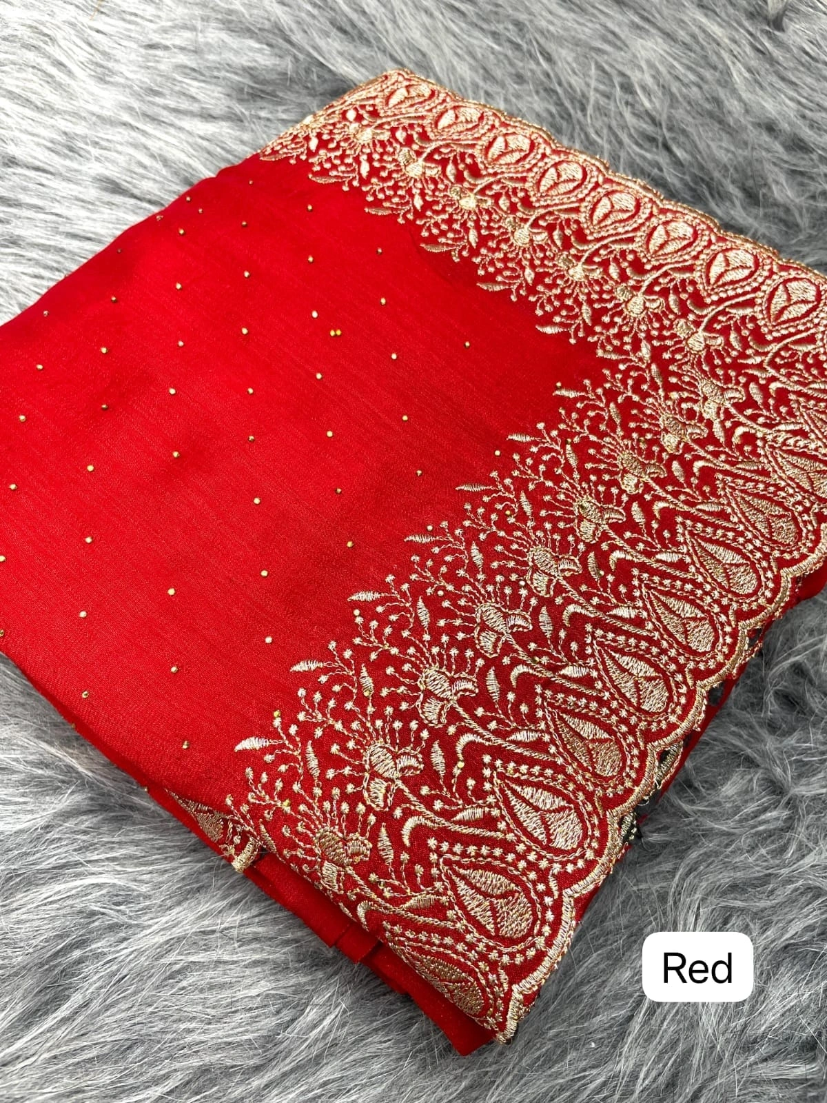 Vichitra Blooming Saree: Embroidery &amp; Zari Work-RMP-420-Red