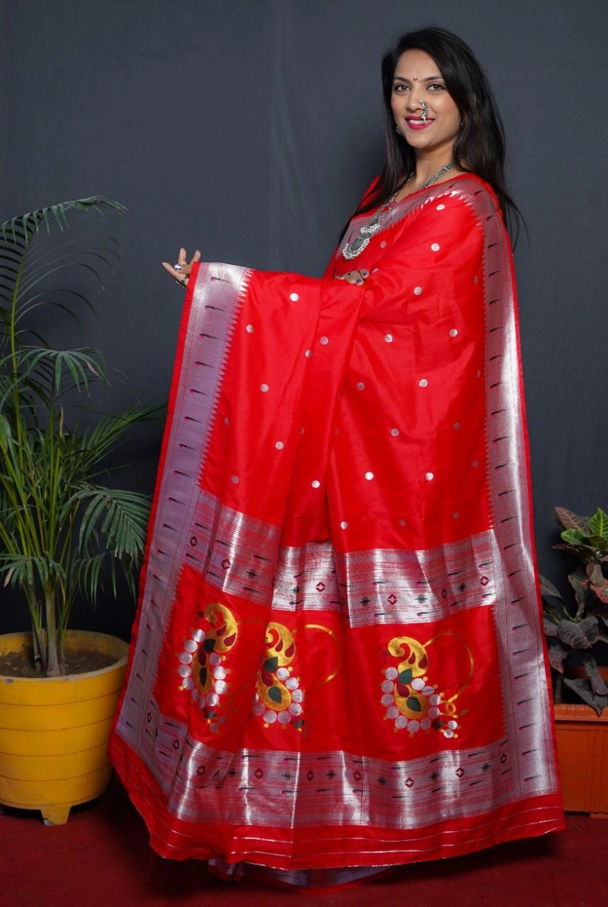 Stunning Pure Silk Paithani Saree with Rich Weaving &amp; Meenakari-POLI-nath-paithani-Red