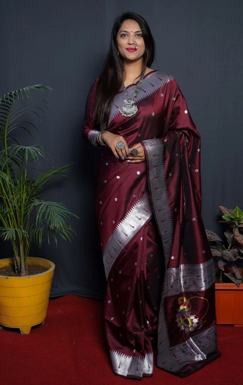 Stunning Pure Silk Paithani Saree with Rich Weaving &amp; Meenakari-POLI-nath-paithani-Maroon