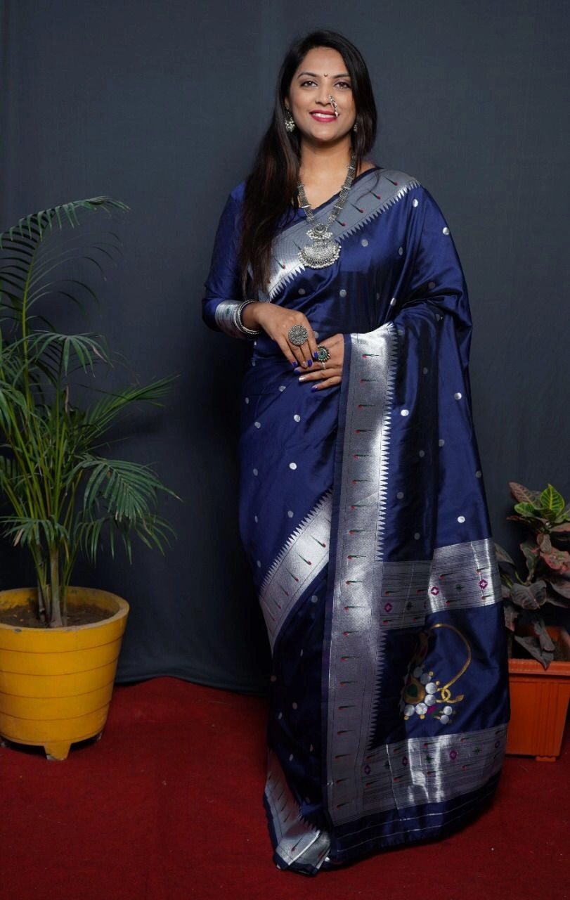 Stunning Pure Silk Paithani Saree with Rich Weaving &amp; Meenakari-POLI-nath-paithani-Blue