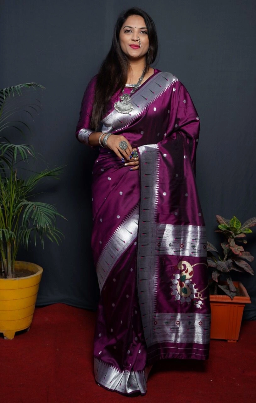 Stunning Pure Silk Paithani Saree with Rich Weaving &amp; Meenakari-POLI-nath-paithani-Wine