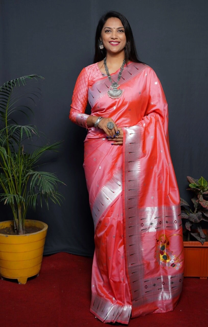 Stunning Pure Silk Paithani Saree with Rich Weaving &amp; Meenakari-POLI-nath-paithani-Pink