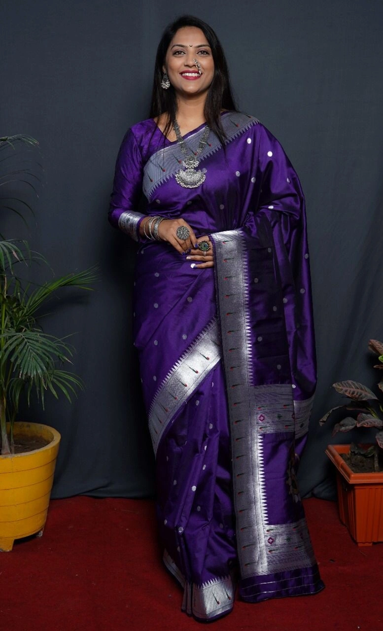 Stunning Pure Silk Paithani Saree with Rich Weaving &amp; Meenakari-POLI-nath-paithani-NavyBlue