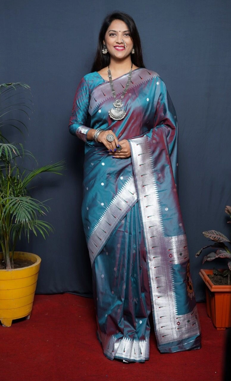 Stunning Pure Silk Paithani Saree with Rich Weaving &amp; Meenakari-POLI-nath-paithani-SkyBlue