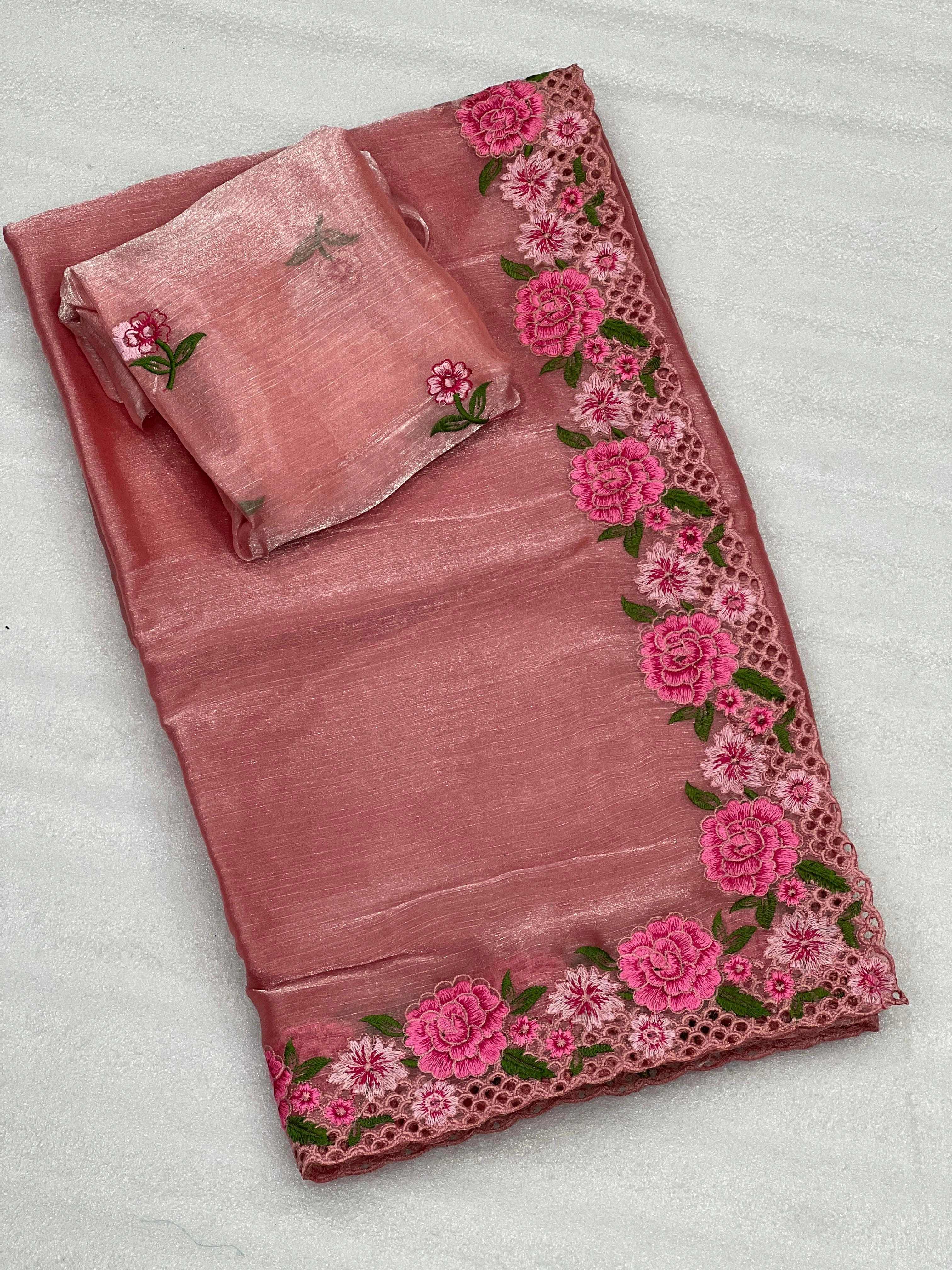 Colorful embroidered glass tissue silk saree with matching blouse-RNNC-21-Peach