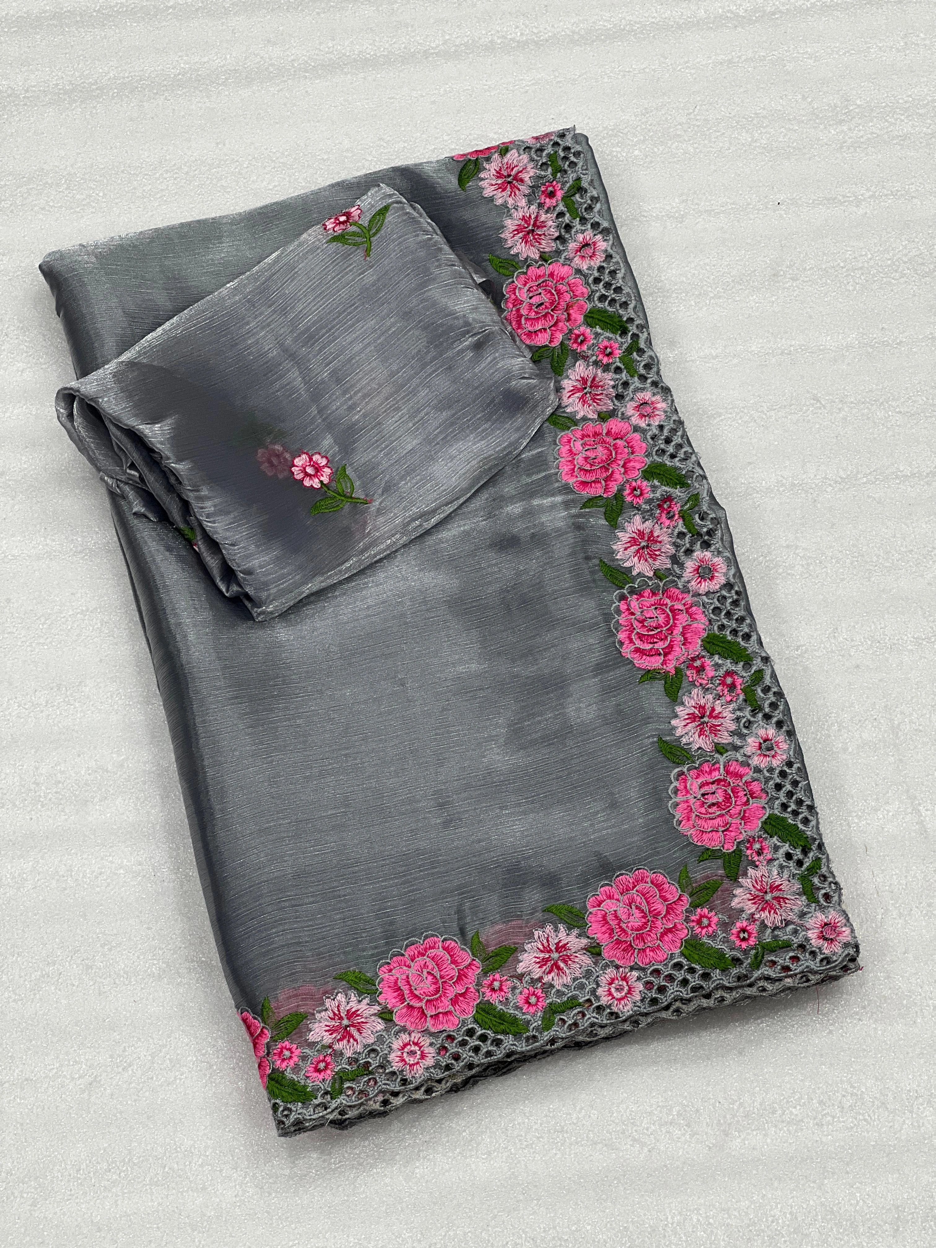 Colorful embroidered glass tissue silk saree with matching blouse-RNNC-21-Grey