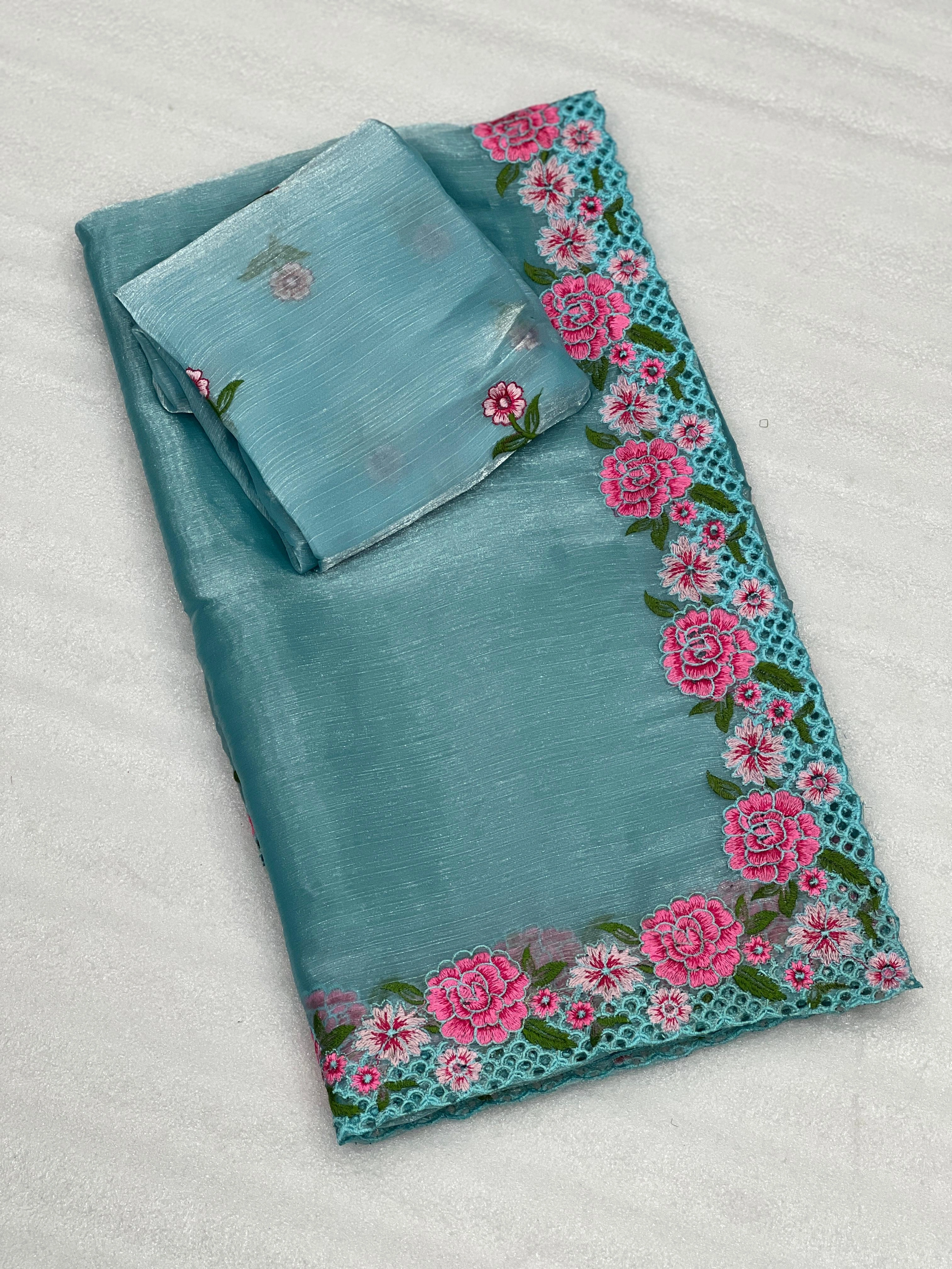 Colorful embroidered glass tissue silk saree with matching blouse-RNNC-21-SkyBlue