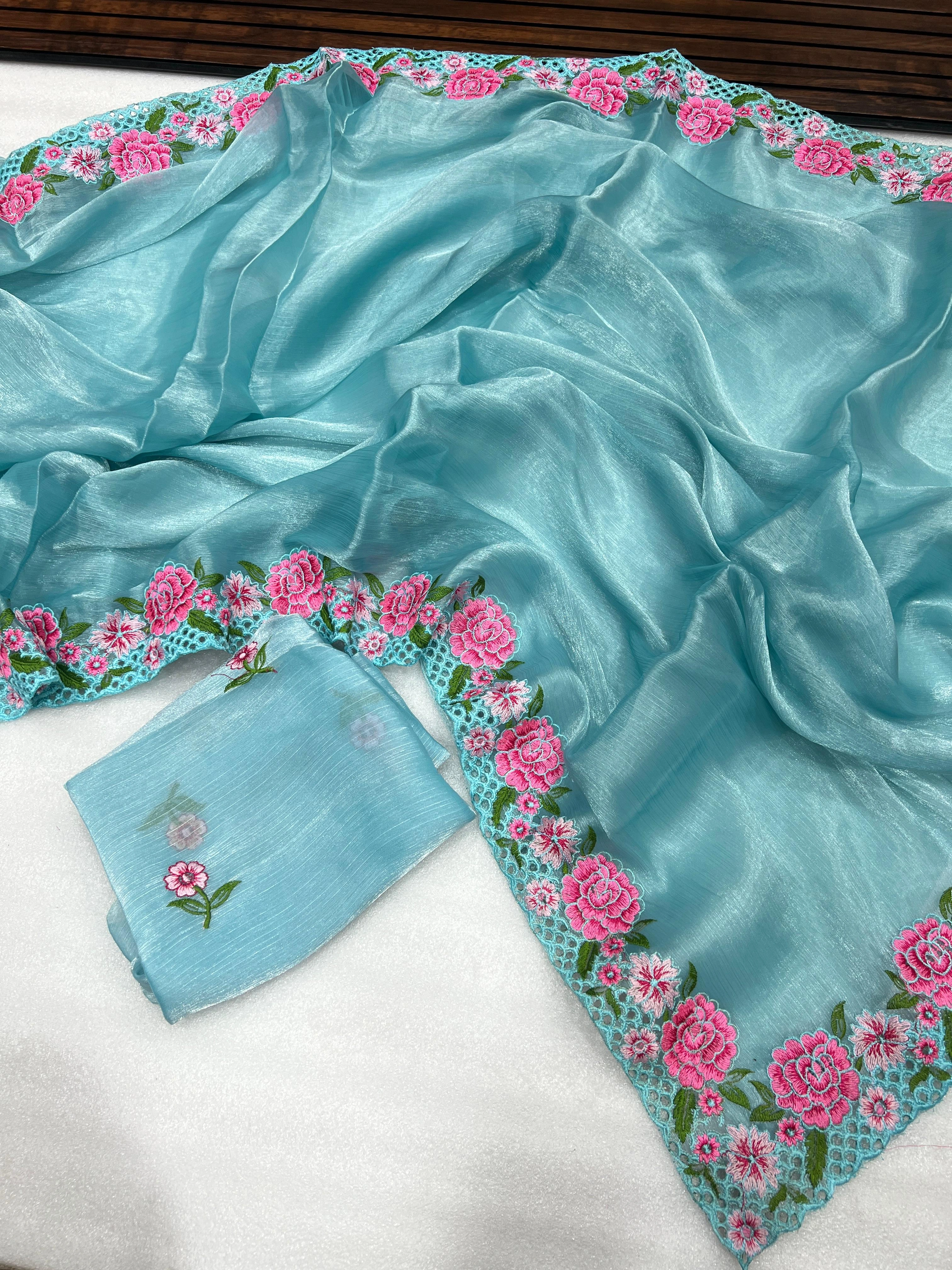 Colorful embroidered glass tissue silk saree with matching blouse-Sky Blue-1