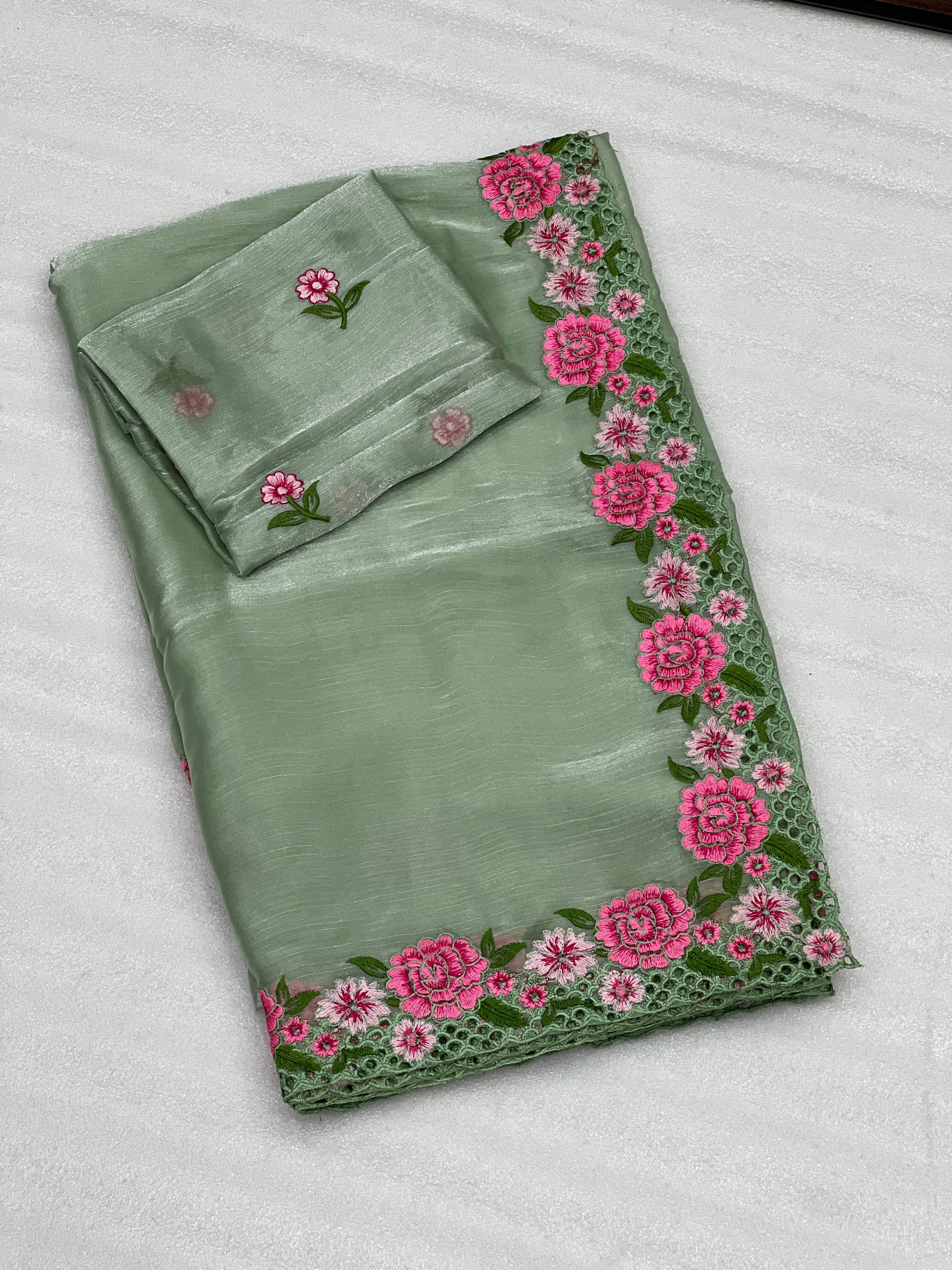 Colorful embroidered glass tissue silk saree with matching blouse-RNNC-21-Green