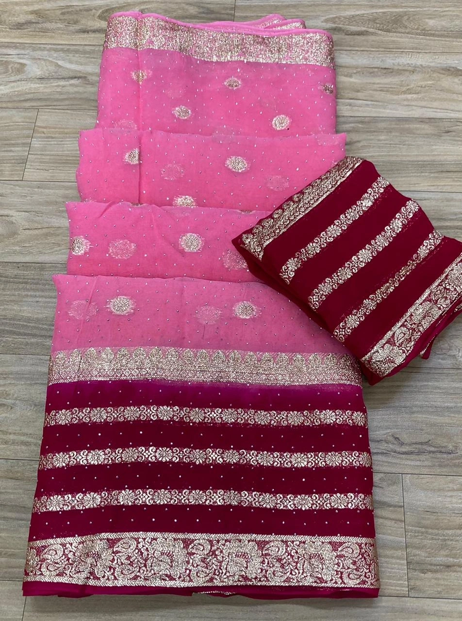 Golden Zari Embroidered Pure Jorjat Saree with Mesmerizing Work-Pink-1