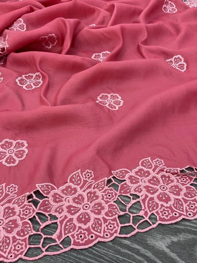 Parsi-inspired Tussar Silk Saree with Abstract Cutwork Border-Red-3