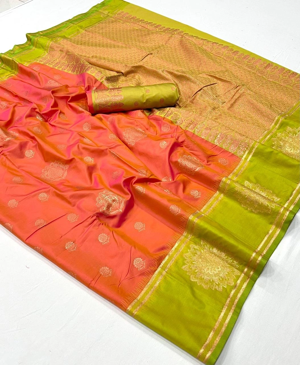 Handloom Silk Saree with Striking Contrast Detailing-Orange-1