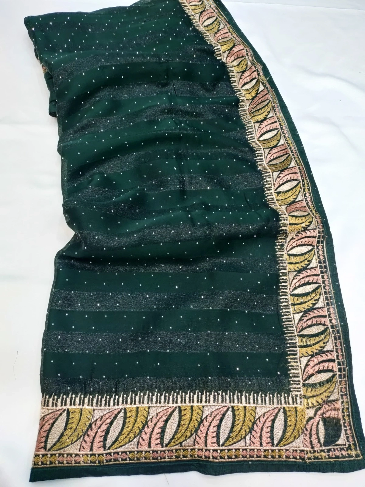 RimZim Patta Saree: Runnig Blouse, Heavy Embroidery &amp; Swarovski Border-RSRM-3598-Green